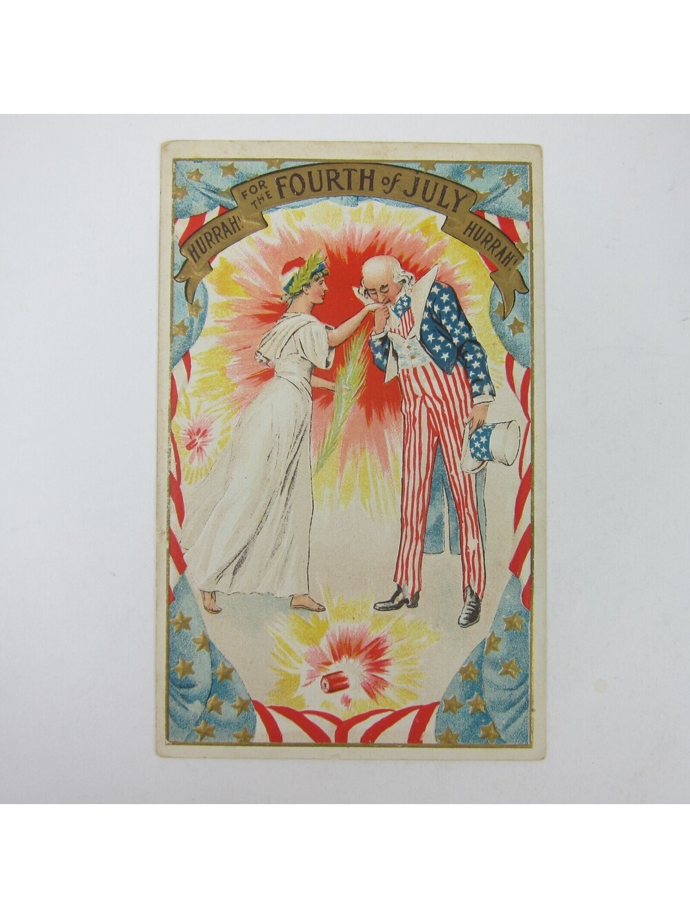 Postcard Independence Day 4th July Uncle Sam Kiss Lady Liberty Patriotic Antique